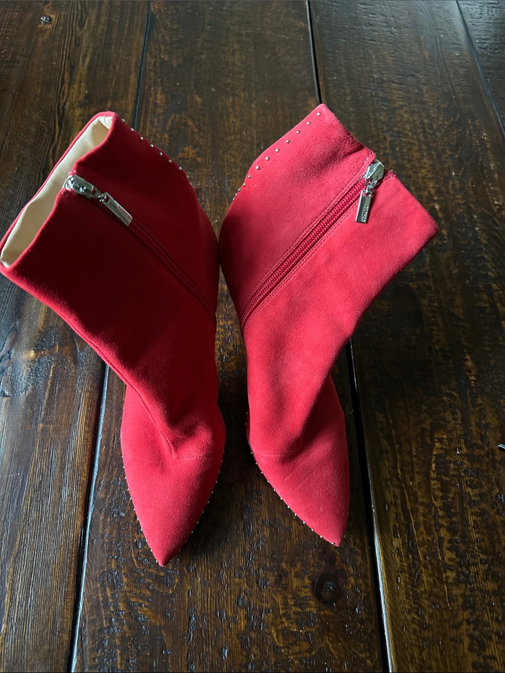 SCHUTZ Red Suede Pointed Toe Ankle Booties with Side Zipper
